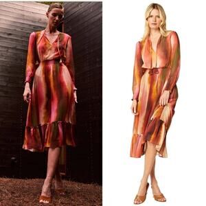 MISA Poppy Dress Ombre Chiffon Midi Long Sleeve Ruffle Hem Size Medium NWT
